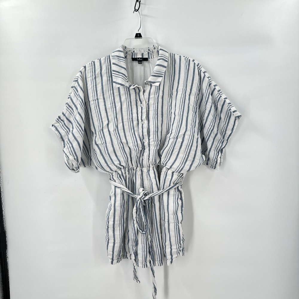 Lulus Romper Large Blue White Striped Button Tie Front Short Jumpsuit Coastal‎